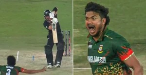 BAN vs NZ [WATCH]: Taskin Ahmed’s fiery celebration after dismissing Will Young for a duck in Champions Trophy 2025