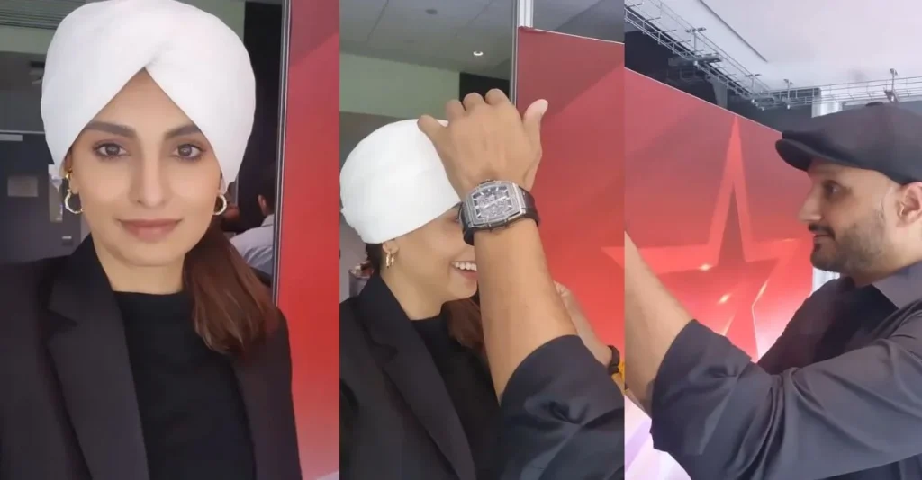 WATCH: Harbhajan Singh helps sports presenter Nashpreet Kaur in perfecting her turban look